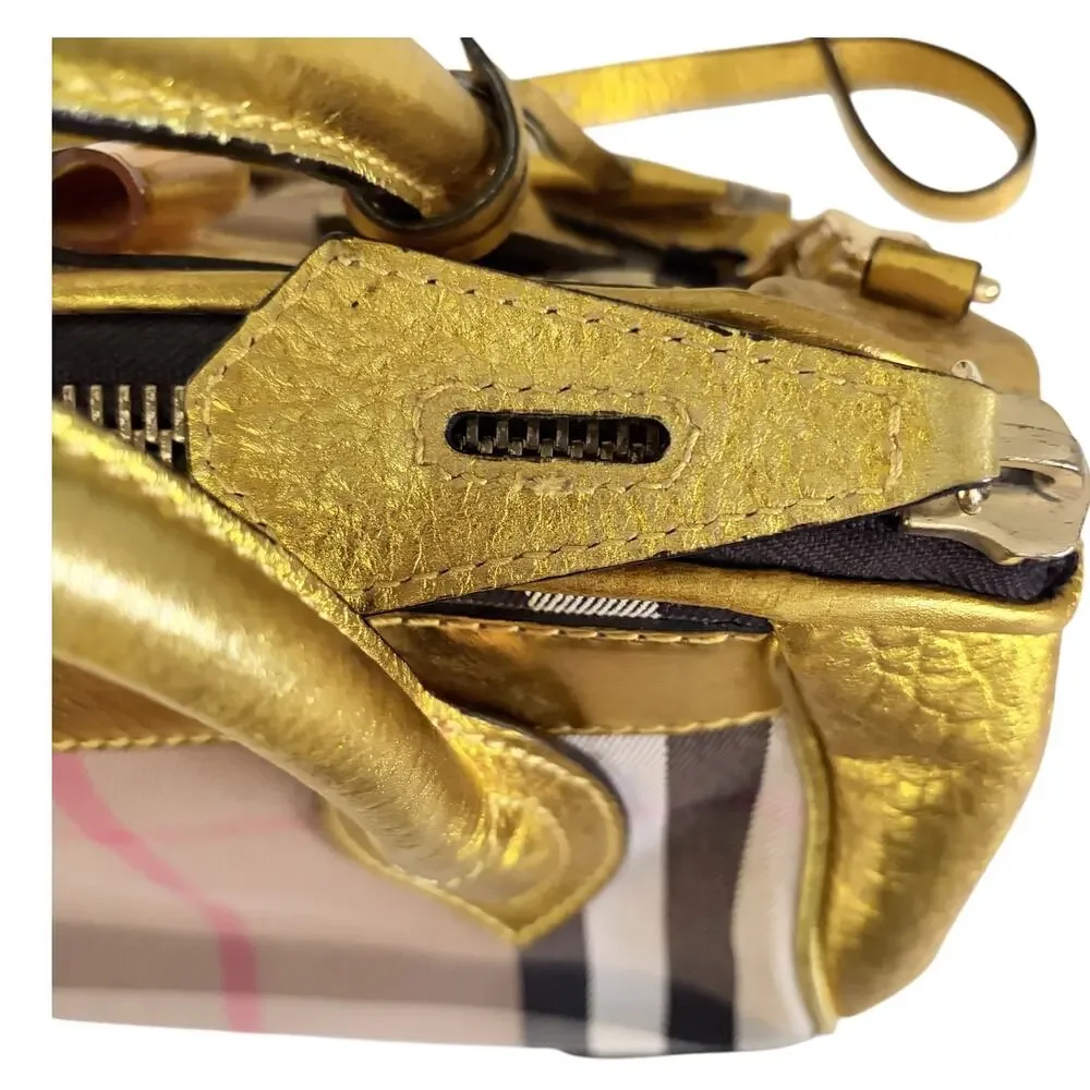 Burberry Prorsum Metallic Gold House Check Leather Bowling Bag w/ Lock & Key COA